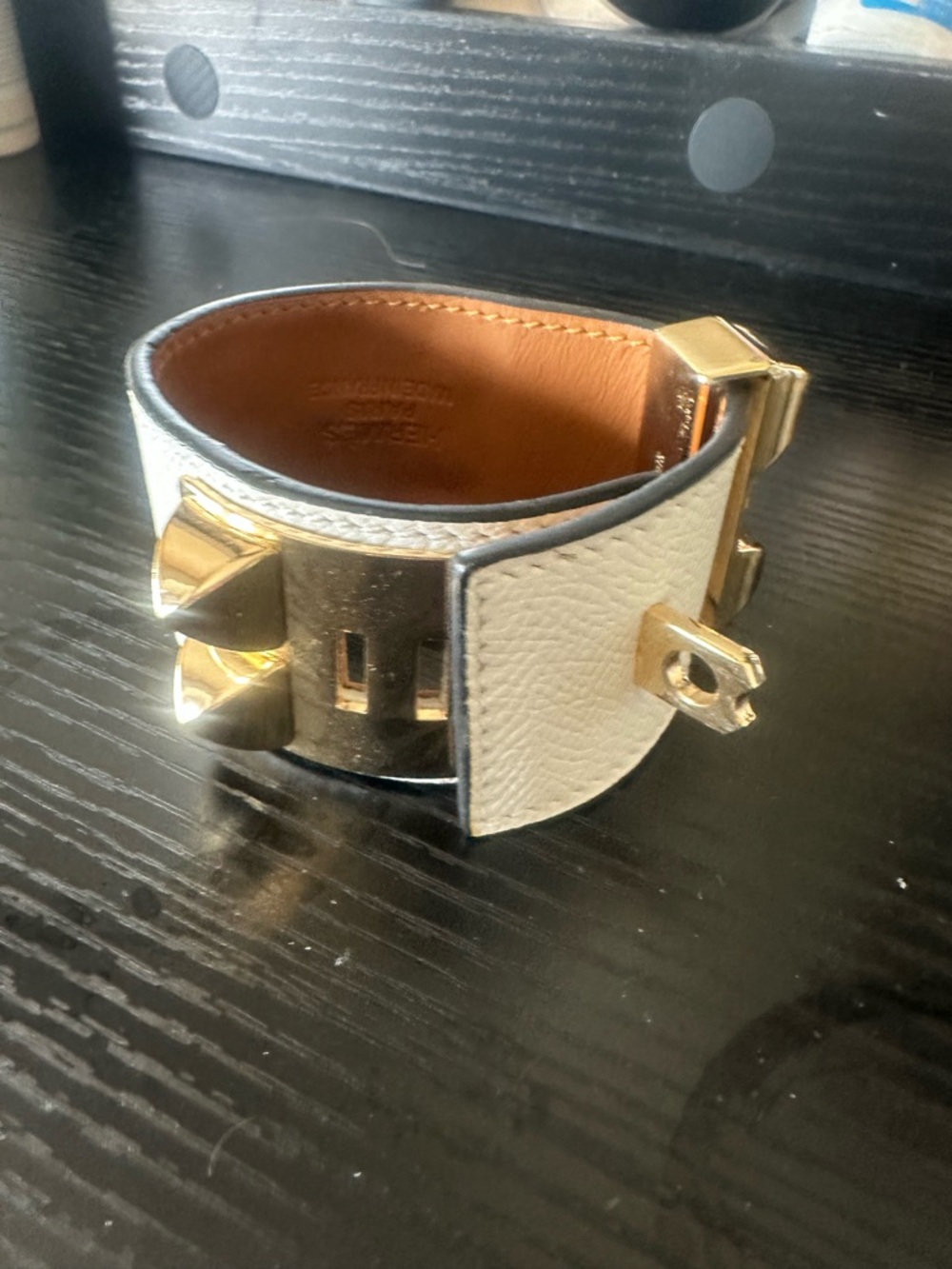 White Leather Collier de Chien Bracelet with Gold Hardware